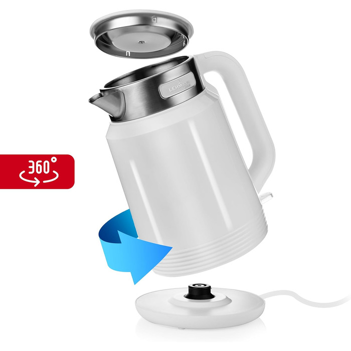 Електричний чайник LEHMANN з нержавіючої сталі 2L, 2200W, швидкий нагрів, подвійні стінки, автовимкнення та захист від перегріву, BPA-free, для великих сімей та офісів, білий