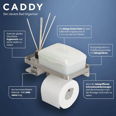 Тримач для туалетного паперу Tiger Caddy з полицею для смартфона та вологих серветок, настінний, матова нержавіюча сталь, 24 x 10 x 11,6 см