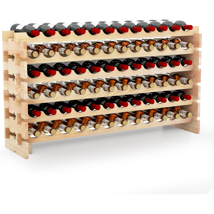 GIANTEX Stackable Wine Rack, Wooden Bottle Rack for 72 Bottles, Wine Cabinet Wine Stand with 6 Tiers, Modular Bottle Holder for Kitchen Bar, Wooden Shelf 119 x 29 x 72 cm, Natural Wood Color