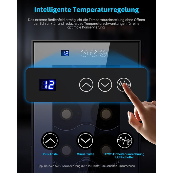 WIE 33 Liter Wine Fridge - 1 Zone, 12 Bottle Capacity, Mini Wine Cooler with Glass Door & LED Touch Panel, Anti-UV