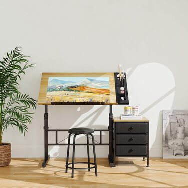 Adjustable Drafting Table with Tilt - 0-60° - Includes Stool & Storage - Wood Finish for Home & Office