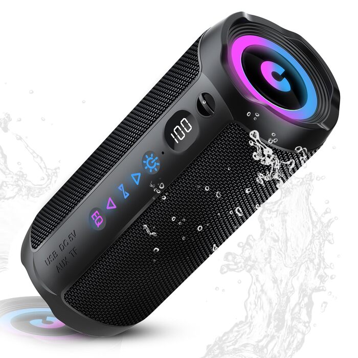 Портативна Bluetooth колонка COIOC з підсвіткою, 30W, IPX7, 30 годин, AUX, TF карта - Чорна