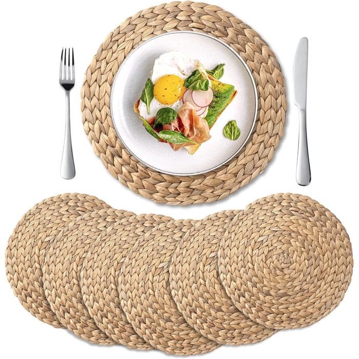 YANGQIHOME Placemats made of Water Hyacinth, Round Table Mats, Handmade Round Coasters, Plate Coasters for Dining Table and Boho Decor (Set of 6, 30 cm)