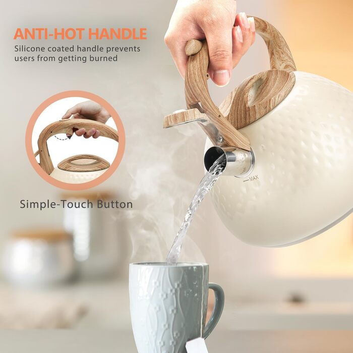 Чайник для плити Harriet Teekessel, 2.5 QT з флейтою, з 5-шаровим дном, з нержавіючої сталі, з термостійкою ручкою, підходить для газових та електричних плит, червоний глянцевий (бежево-білий глянцевий)