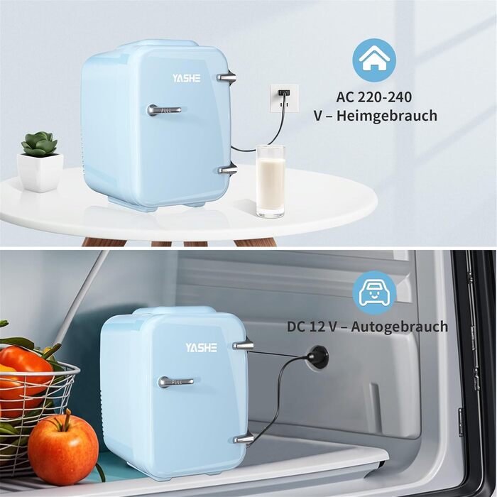 Міні-холодильник YASHE, 4 літри: для косметики, напоїв, 220V AC/ 12V DC, термоелектричне охолодження та нагрівання, білий/блакитний
