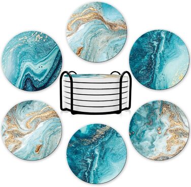 Dooke Coasters for Drinks, round, absorbent ceramic stone coasters with cork base, fun turquoise marble (ocean) drink coasters