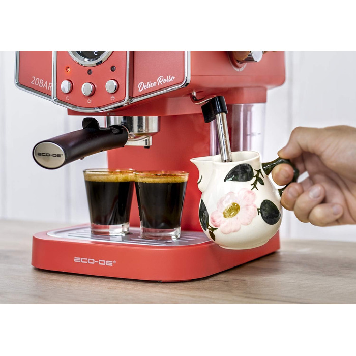 ECODE® Espresso Machine Delice Black, 20 Bar Pressure, Swivel Vaporizer - Machine with 1.5 L Tank, Milk Frother, Single/Double Dosing, Manometer with Temperature - Coffee Machine (Rosso)