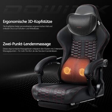 Ігровий крісло Dowinx Big and Tall з масажем попереку, підставка для ніг, ергономічний комп'ютерний стілець, PU шкіра, 180 кг, чорний