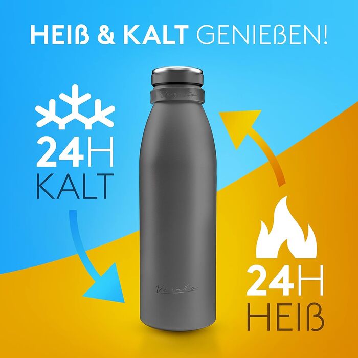 Термофляга Vezato 1л з нержавіючої сталі, сіра - ізольована, BPA-free, герметична, для газованих напоїв, екологічна, можна мити в посудомийній машині