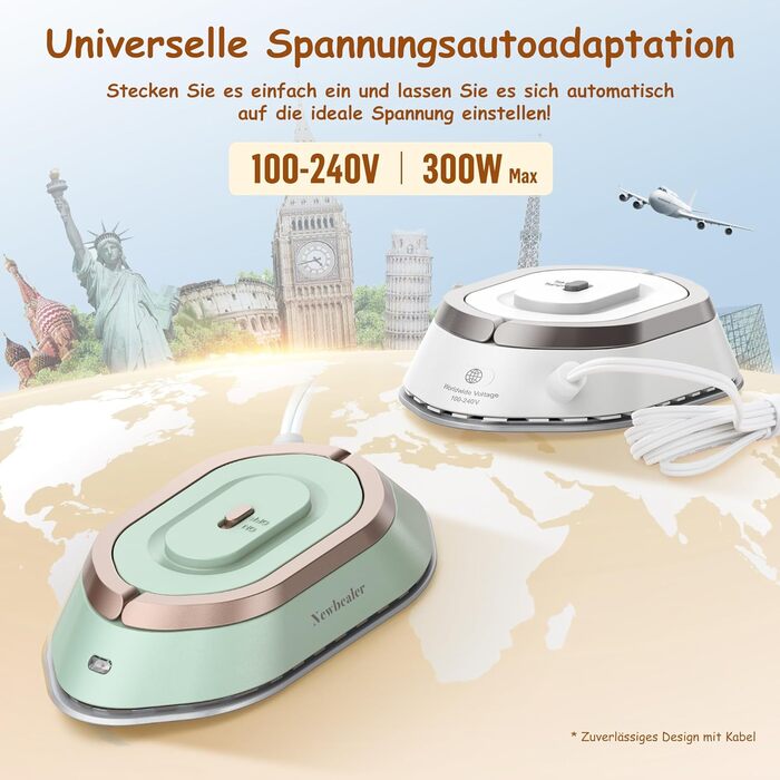 Міні-праска Newbealer для подорожей, 220V/120V, компактна праска для одягу (без пари), керамічна підошва, 150°C, з пульверизатором, чохлом та підставкою (срібна)