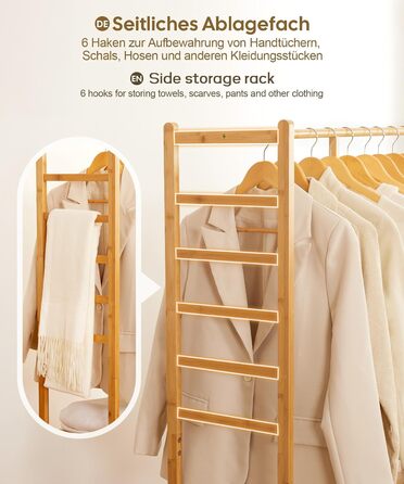 Yorbay Bamboo Clothes Rack with Wheels, with Clothes Rail, 3 Shelves and 6 Hooks, Tree Shape, 100 x 38 x 176 cm (Natural)