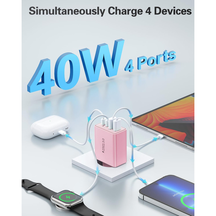 Мережевий адаптер USB-C 40W з 4 портами, рожевий. Швидка зарядка PD+QC для iPhone, iPad, Samsung та інших телефонів.