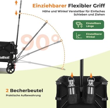 Візок складний SLIDBEAT Bollerwagen 150л, 150кг, чорний XL: для кемпінгу, покупок, саду, пляжу. Гальма, регульована ручка, тримач для напоїв.