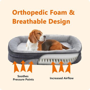 Ортопедичне ліжко для собак, ліжко-софа для собак з валиком, неслизьке дно, знімне та миюче, середні та великі породи, 106 x 79 x 17 см, світло-сірий колір