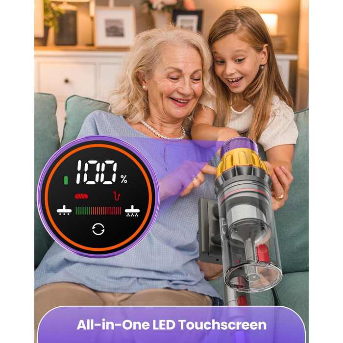 Акумуляторний пилосос SICBCGB 48000Pa/550W/70хв, 2.0L з HD-дисплеєм, антизаплутувальною щіткою, док-станцією, 11-шаровою фільтрацією для шерсті тварин та авто (фіолетовий)