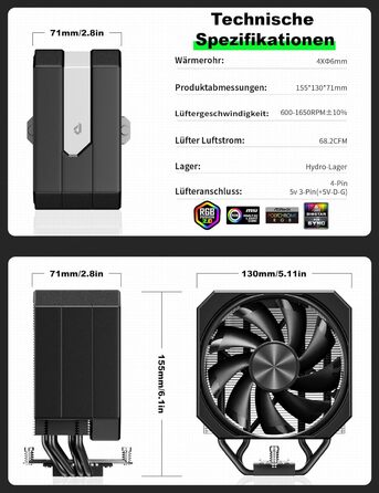 upHere Кулер для CPU з ARGB підсвічуванням, 4 теплові трубки, 120мм вентилятор, сумісний з AMD AM4 AM5/Intel 2011/2066, ПК кулер up1KC4
