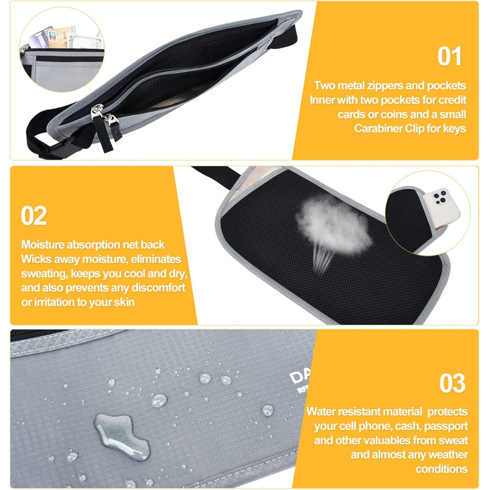 Гендерно-нейтральний RFID-захисний пояс-сумка для чоловіків та жінок, для подорожей та бігу, ширина пояса 3.7 см, сірий