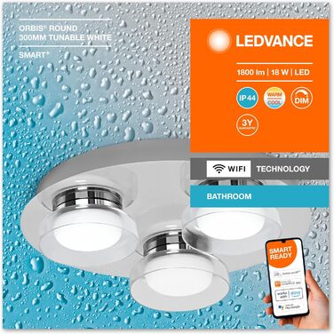 LEDVANCE Smart LED Bathroom Lamp Chrome, 18W, 1800LM, 3000-6500K, 30cm, IP44, Orbis Round Wall Light, Bathroom Light with Wi-Fi Technology, Dimmable, Controllable via App and Voice Assistants