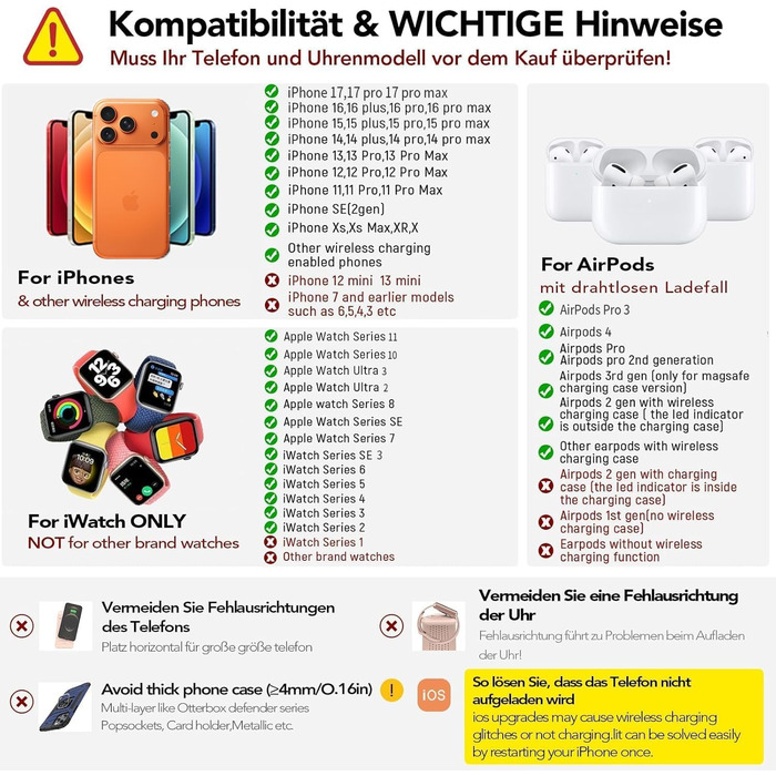 Бездротова зарядка Aimtel 3-в-1 з нічними ліхтариками: сумісна з iPhone 17/17 Pro/17 Pro Max/17 Air та Apple Watch, Air-Pods Pro/4/3/2. Чорний колір