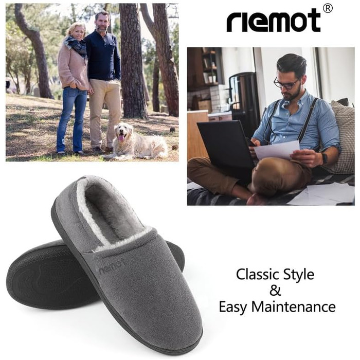 Чоловічі мокасини-домашні тапочки Riehmot з м'якою підошвою з гуми, з підкладкою Sherpa, теплі, з м'якою піною Memory Foam, сірі, розмір EU 42-47