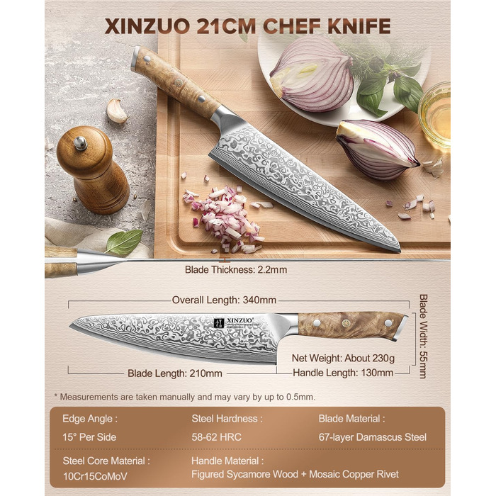 Ніж шеф-кухаря XINZUO Kiritsuke Damast, 14.8 см, сталь 10Cr15CoMoV, рукоять з клена, для м'яса, риби, овочів