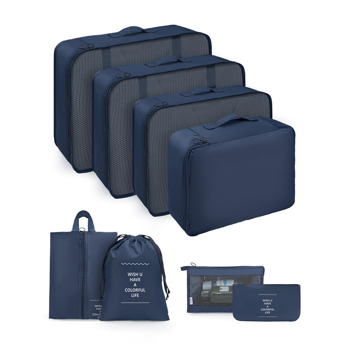 Органайзери для валізи Packing Cubes, 8 шт., водонепроникні, блакитні + косметичка