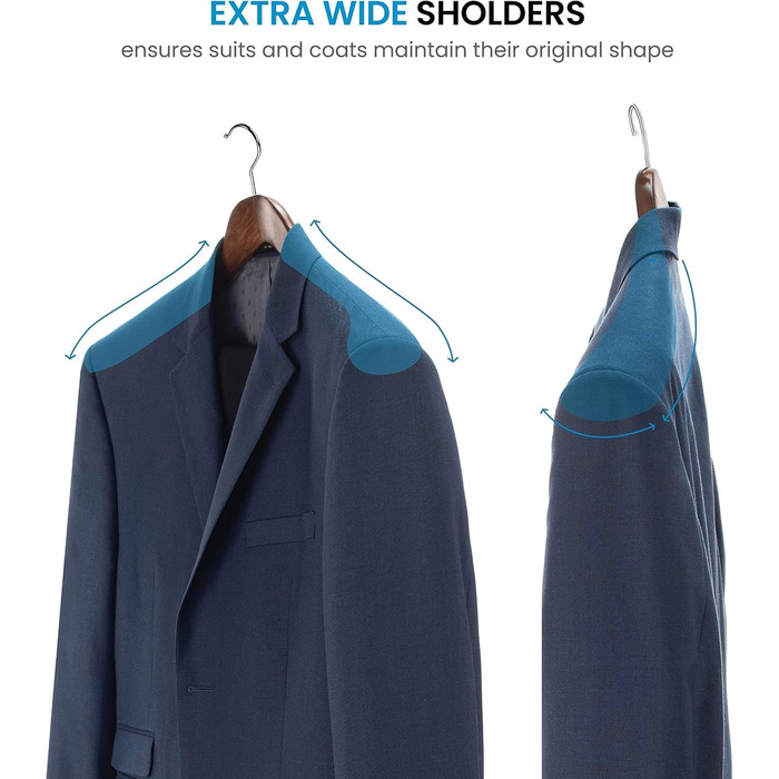Дерев'яні вішалки для одягу – набір 6 шт. – міцні вішалки з широкими плечима, 6,3 см вигин для піджаків та костюмів, вішалки для штанів з висувним перекладином