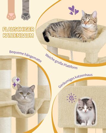 Дерев'яний будиночок для котів Hzuaneri Kratzbaum, 149 см, з 5 стовпчиками для шліфування, платформами, затишною печерею, багатоповерховий центр активності для котів, помпонами, бежевий (MS14918LG)