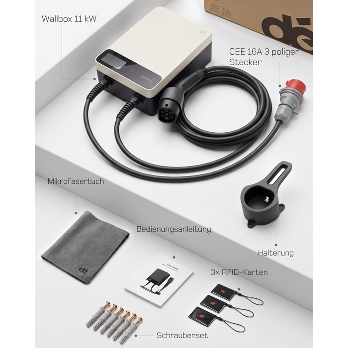 Wallbox 11 кВт з Wi-Fi та кабелем Type 2 7,5м, 3-фазне зарядне для електромобілів (BEV/PHEV), 6-16A, 400V, RCD Type A 30mA/DC 6mA, IP54, чорний. Зарядна станція для дому.
