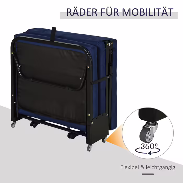 HOMCOM Folding Guest Bed 2-in-1 with Adjustable Headrest and Wheels, Steel Frame, Foam, Blue 184x65x26cm for Flexible Sleeping