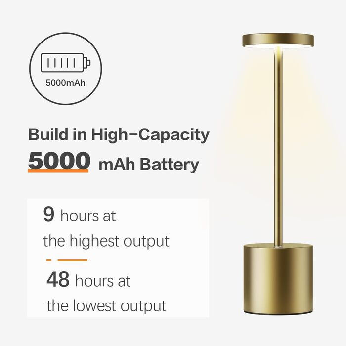 LED акумуляторна настільна лампа бездротова, 5000mAh, USB-зарядка, регулювання яскравості, 3 режими кольору, для відпочинку на вулиці, нічника, обіднього столу, балкону – (бронза)
