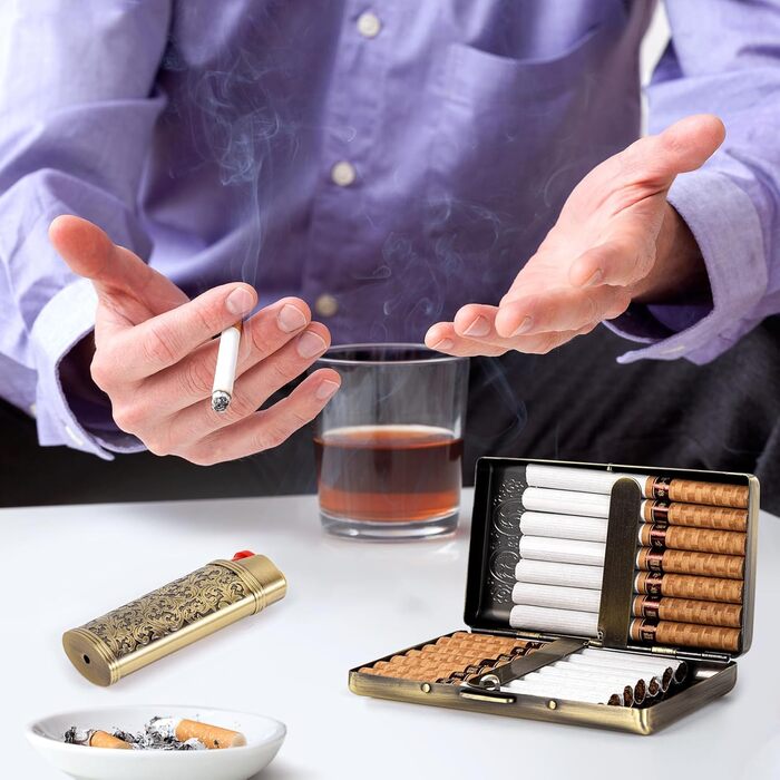 Вінтажне металеве етолюшка для сигарет з запальничкою J6, вміщує 12 шт. сигарет (100 мм), RFID картки та гроші (Бронза)