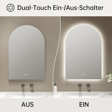 Дзеркало для ванної кімнати з підсвічуванням, арочне, без рами, 75x50 см. Touch-вимикач, регулювання яскравості, 3 кольори світла, антизапар