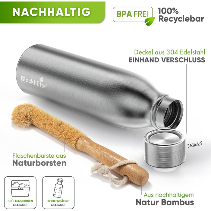 Stainless Steel Water Bottle/Thermos Flask 1L - Suitable for Carbonated Drinks, Leak-Proof, Dishwasher-Safe, Ideal for Sports, Hiking, Kids - BPA-Free