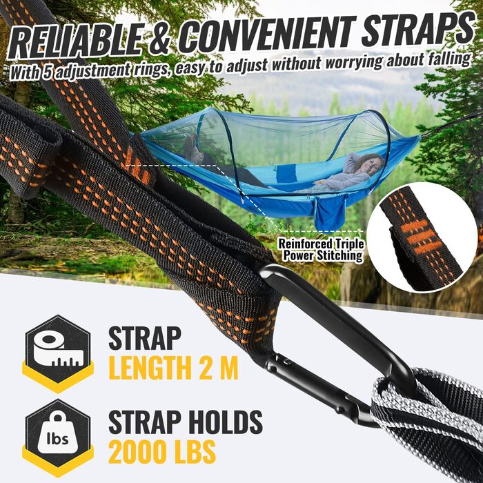 Легка туристична гамак з москітною сіткою, 300 кг | Гамак для кемпінгу, подорожей, пікніків, дихаючий, швидковисихаючий | Гамак з парашутного нейлону, портативний, для рюкзаків, піших прогулянок, саду (синій, 270x140 см)