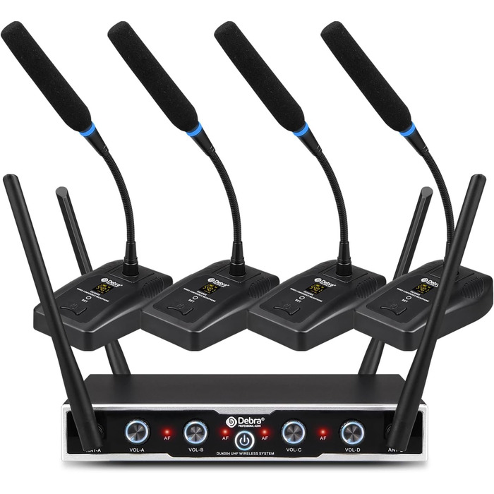 Debra 4-канальний UHF мікрофонний комплект з 16 частотами | 80м радіус дії, 4x Bodypack + мікрофон-гарнітура/петличний | Професійний звук для співу, караоке та конференцій (4 мікрофони)