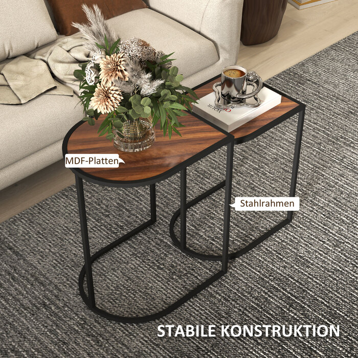 HOMCOM 2-Piece Couch Table Set, Square Side Table, Coffee Table with Steel Frame, Stackable Sofa Table, for Living Room, Holds up to 20 kg, Brown+Black | Aosom
