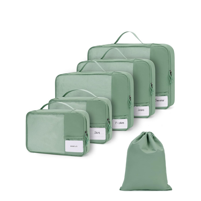Органайзери для валізи ECOHUB, набір 6 шт. з ID-міткою, екологічні, для подорожей, дихаючі, патент pending (зелений)