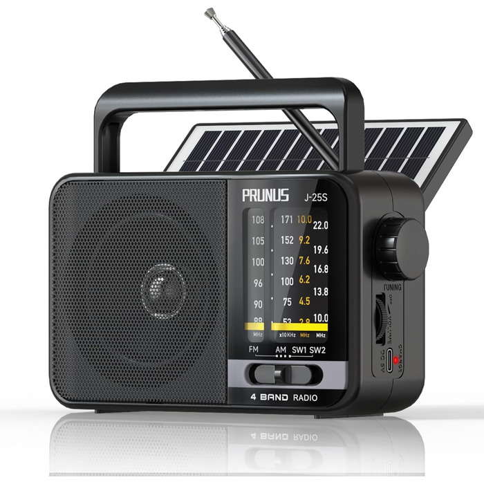 Радіоприймач PRUNUS J-25S FM/AM/SW: Портативне радіо на сонячній батареї з акумулятором 1800mAh, великий динамік, чудовий прийом, просте радіо для літніх людей