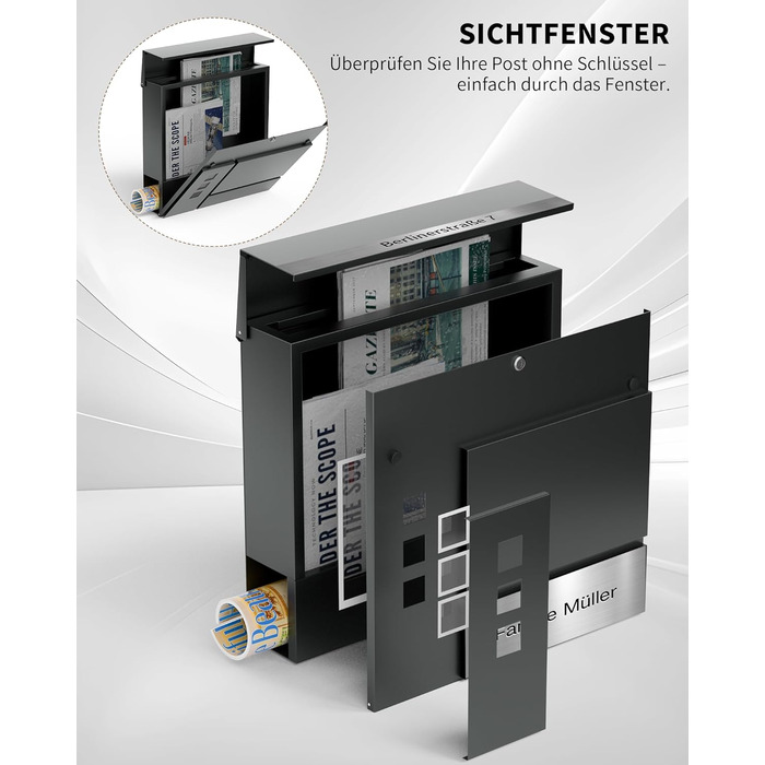 Поштовий ящик Anthrazit з гравіюванням, персоналізований, нержавіюча сталь, з відділенням для газет та замком (2 ключі) | Поштовий ящик з іменним шильдиком та номером будинку