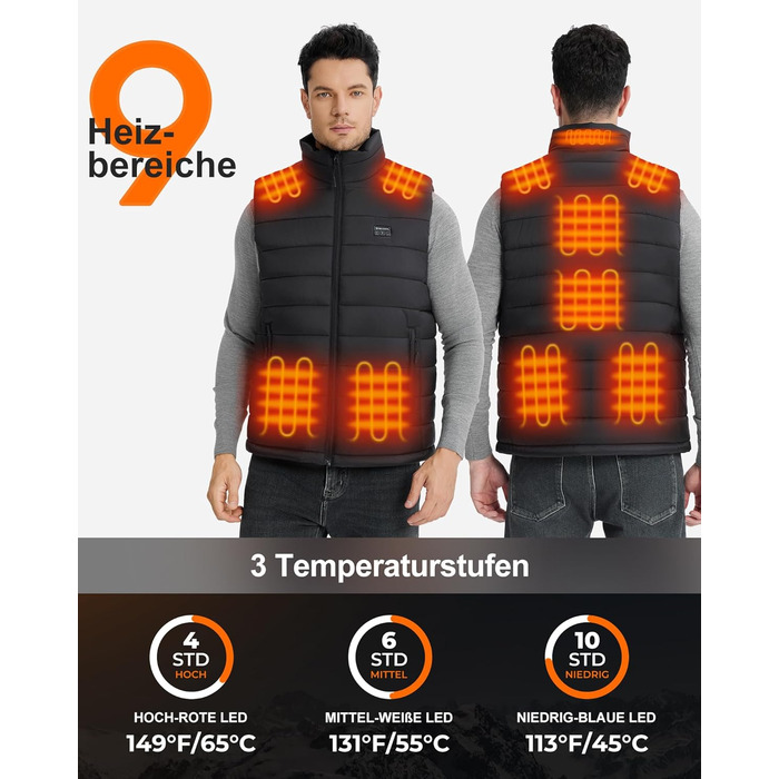 Електрична грійна жилетка для чоловіків з Powerbank 16000mAh 7.4V, 9 зон нагріву, для катання на лижах, активного відпочинку, велосипедної їзди, XXL, чорний