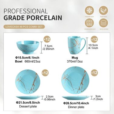 LOVECASA Набір посуду з порцеляни Sweet 16, 48-елементний сервіз, посуд для їжі з золотим декором, для 4-12 осіб, блакитний колір