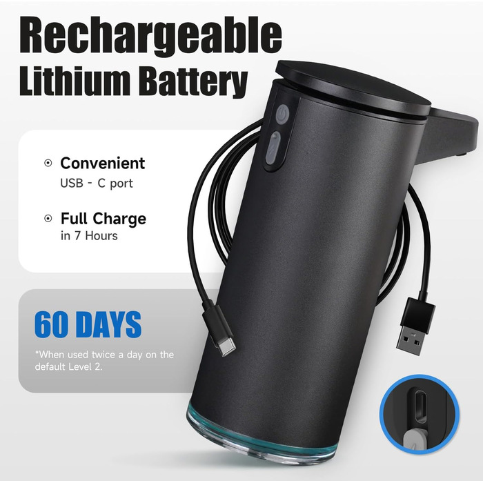 AIKE 380ml Automatic Touchless Soap Dispenser, USB Rechargeable, Matte Black Stainless Steel Soap Dispenser for Bathroom & Kitchen, Model AK1333S