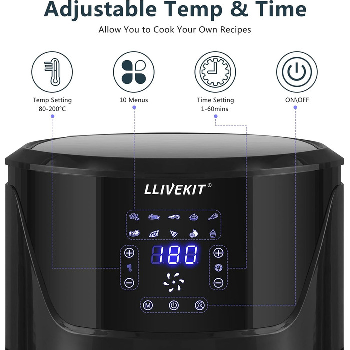 Фритюрниця без олії LLIVEKIT з 2 камерами та скляними вікнами, 4.5L+4.5L, Airfryer 9-в-1, XXL, з сенсорним екраном та таймером