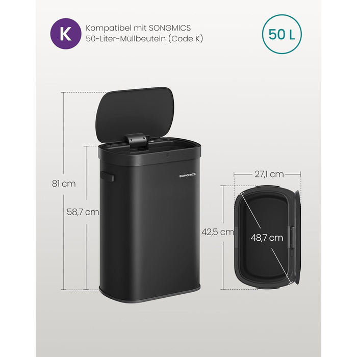 Сміттєвий бак SONGMICS з сенсором 50л, автоматичний, сталевий, чорний - LTB640B02