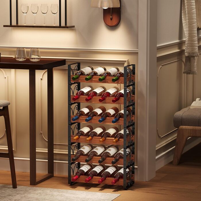 Rustic 3-Tier Stackable Wine Rack Freestanding 12 Bottle Organizer Holder Stand Countertop Liquor Storage Shelf Solid Wood & Iron 16.5