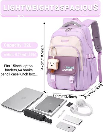 Шкільний рюкзак для дівчаток 2-10 класів, 32L, легкий дитячий рюкзак | Дихаюча спинка | М'які лямки | Брест-стрічка, ранці для школи, рюкзак для підлітків 8+ років, фіолетовий