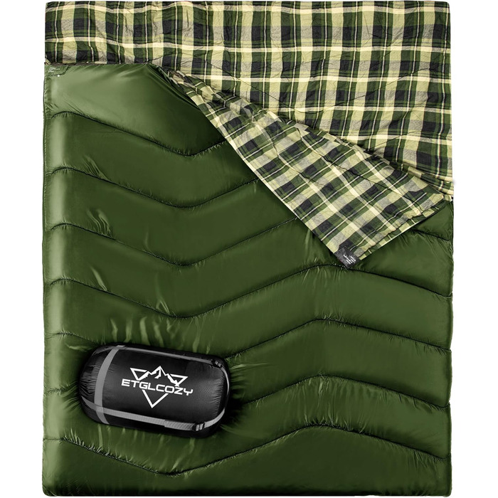 Сплячий мішок двомісний ETGLCOZY для дорослих та дітей, XL Queen Size, 220*160 см, для кемпінгу, походів, хайкінгу, водонепроникний, з компресійним мішком (зелений)