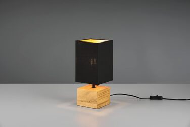 Настільна лампа Reality Leuchten Woody R50181080 з дерев'яним цоколем, чорний матовий метал, абажур з тканини золотого кольору, без лампочки E27 (12x12 см)