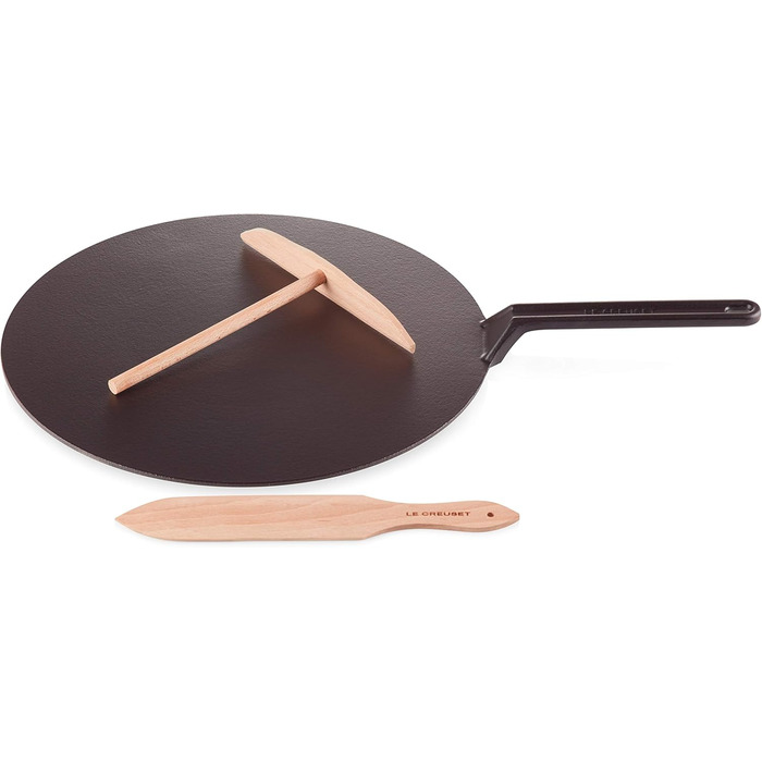 Сковорода для млинців Le Creuset з чавуну, 32 см, з дерев'яною лопаткою, для всіх типів плит (індукція), червона Cerise, чорне матове покриття